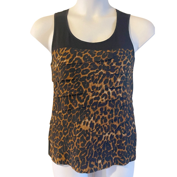 3/$20 Chico's Sz 0 S Knit Tank Top Black with Leopard Print Asymmetrical Ruffle - Picture 1 of 9